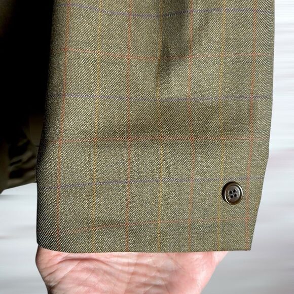 Vintage BARBOUR Wool Suit Jacket Sport Coat Blazer Olive Green Plaid size US 44L - Picture 7 of 16
